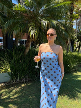 Load image into Gallery viewer, Amaya Strapless Chiffon Maxi Dress (Blue Polka Dot) - COMING SOON