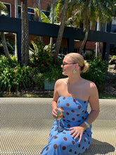 Load image into Gallery viewer, Amaya Strapless Chiffon Maxi Dress (Blue Polka Dot) - COMING SOON
