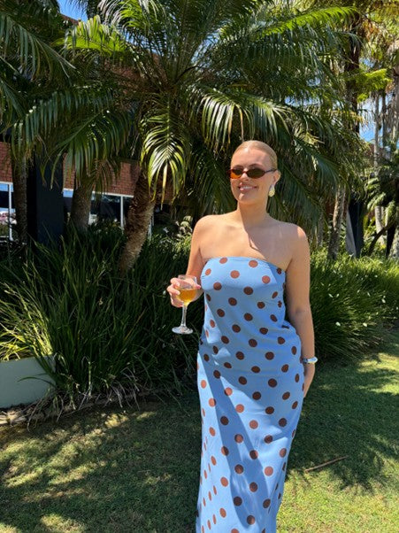 Amaya Strapless Chiffon Maxi Dress (Blue Polka Dot) - COMING SOON